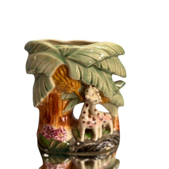 Vintage Japan Ceramic Giraffe Planter Wall Pocket Jungle Palm Tree 6 1/4" - Picture 1 of 7
